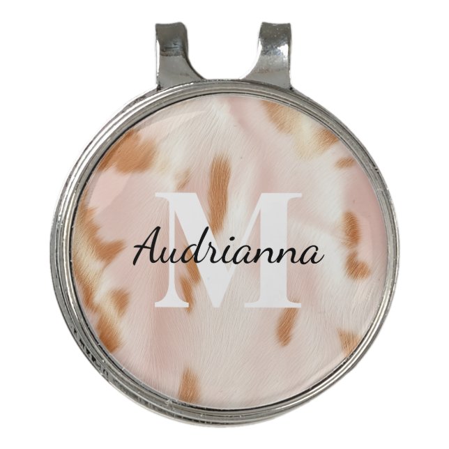 Blush Pink Tan Southwest Faux Cowhide Cowgirl Golf Hat Clip (Front)