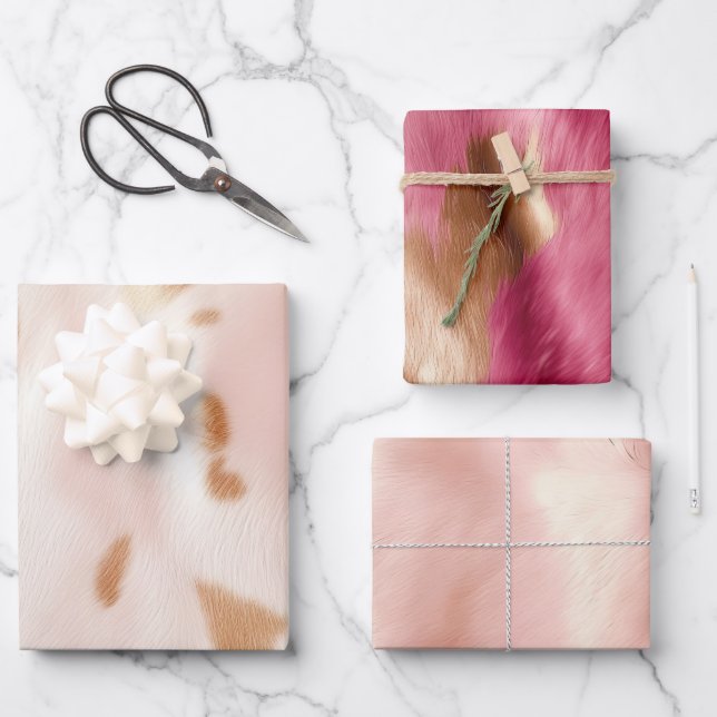 Blush Pink Tan Southwest Faux Cowhide Wrapping Paper Sheets (Front)