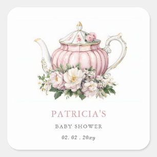 Blush Pink Tea Party Girl Baby Shower  Square Sticker