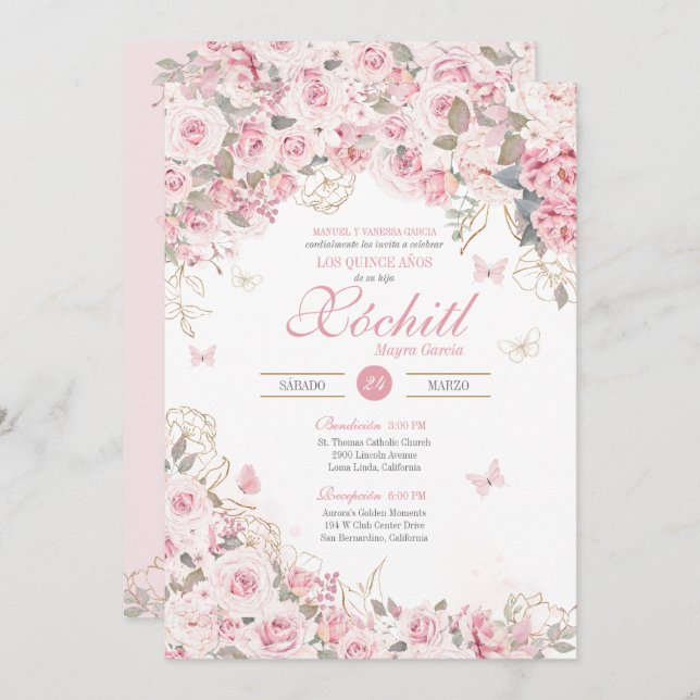 Blush Pink Tea Roses Butterfly Garden Quinceanera Invitation (Front/Back)