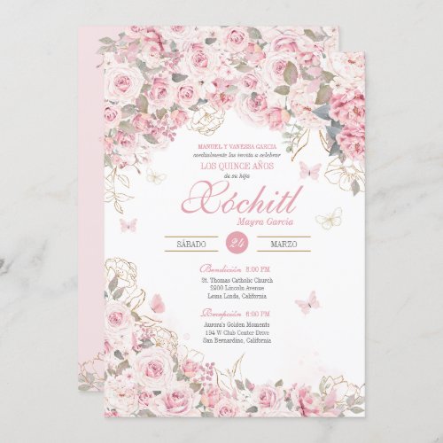 Blush Pink Tea Roses Butterfly Garden Quinceanera Invitation