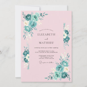 Blush Pink Teal Botanical Wedding Invitation