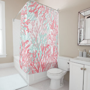 Blush pink teal coral hand painted reef floral shower curtain
