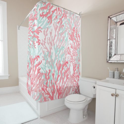 Blush pink teal coral hand painted reef floral shower curtain