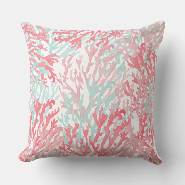 Blush pink teal coral hand painted reef floral throw pillow (Front)