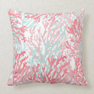 Blush pink teal coral hand painted reef floral throw pillow