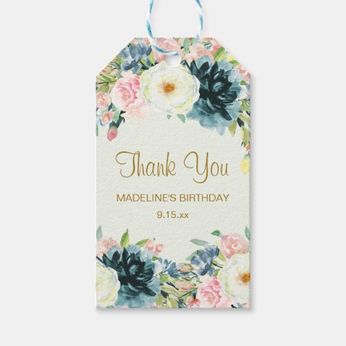 Blush Pink Teal Cream Floral Birthday Thank You Gift Tags