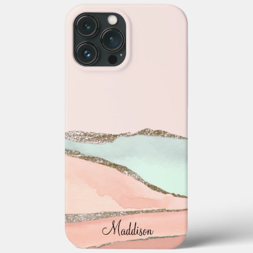 Blush Pink Teal Glitter Ombre Marble Monogram iPhone 13 Pro Max Case