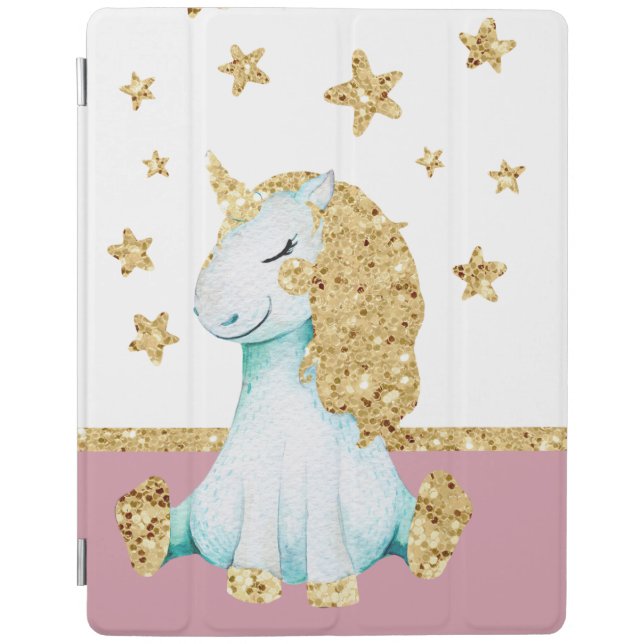 Blush pink teal gold glitter girly magical unicorn iPad smart cover (Front)