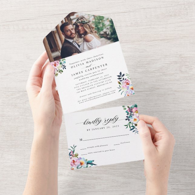 Blush Pink Teal Greenery Floral Photo Wedding  All In One Invitation (Tearaway)