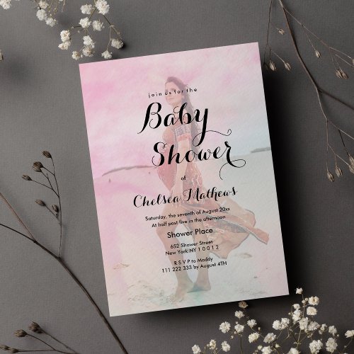 Blush pink teal watercolor paint Baby Shower photo Invitation