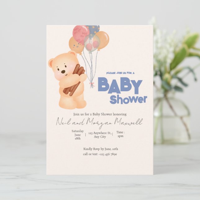 Blush Pink Teddy Bear Baby Balloon Shower  Invitation (Standing Front)