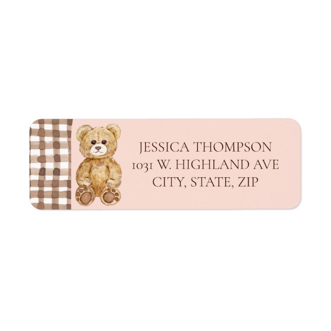Blush Pink Teddy Bear Baby Shower Return Address  Label (Front)
