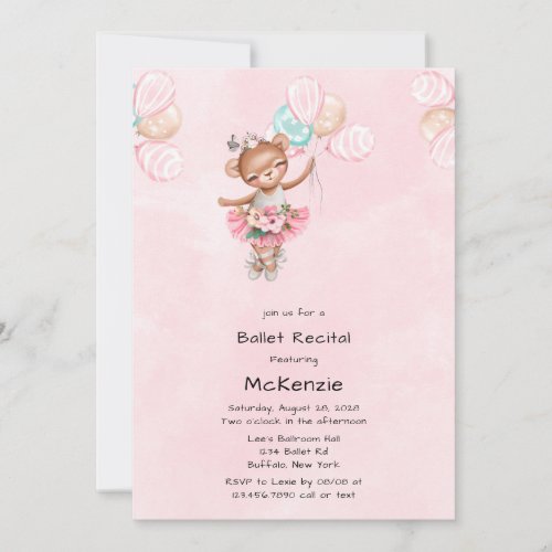 Blush Pink Teddy Bear Ballerina Ballet Recital Invitation