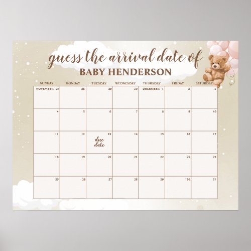 Blush Pink Teddy Bear Guess The Due Date Calendar Poster