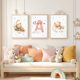 Blush Pink Teddy Bear Nursery Wall Art Custom Name Wall Art Sets