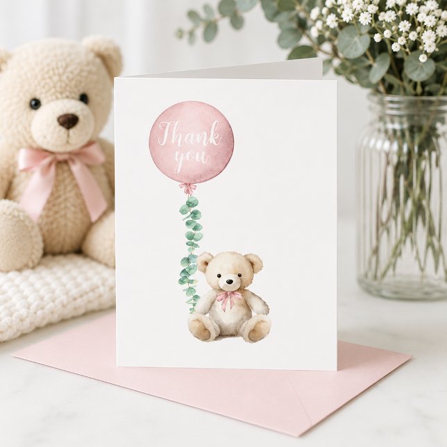 Blush Pink Teddy Bear Thank You Card (Pink Balloon Thank You Card)