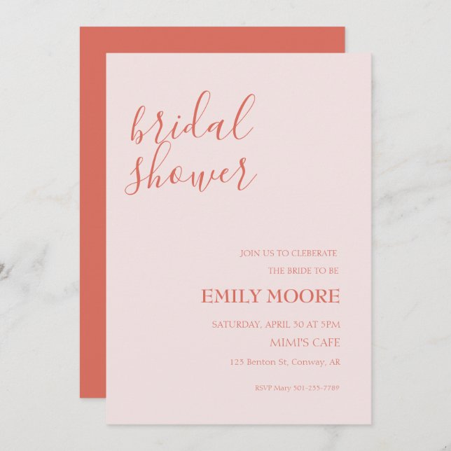 Blush pink terracotta calligraphy bridal shower   invitation (Front/Back)