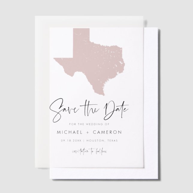 Blush Pink Texas Map Minimalist Save the Date Vellum Invitations (Offset)