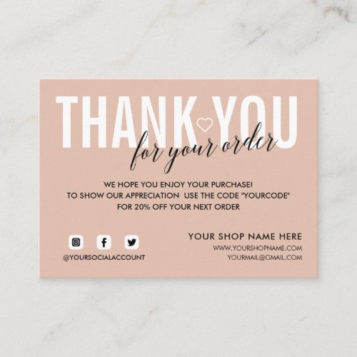 BLUSH PINK THANK YOU FOR YOUR ORDER SOCIAL ENCLOSURE CARD