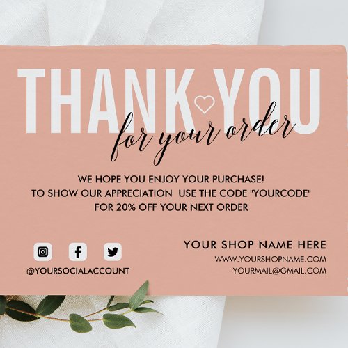 BLUSH PINK THANK YOU FOR YOUR ORDER SOCIAL QR CODE ENCLOSURE CARD
