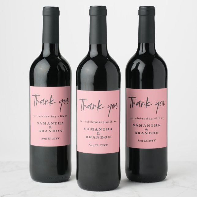 Blush Pink Thank You Wedding  Wine Label (Bottles)