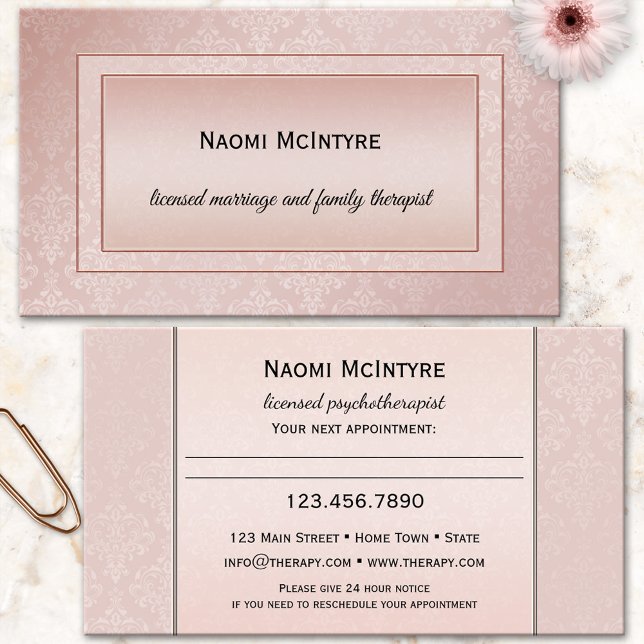 Blush Pink Therapist Appointment Business Card (Appointment business card featuring a blush pink damask design - psychotherapist - counselor)