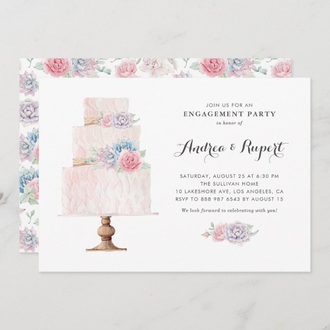 Blush Pink Tiered Cake Succulents Engagement Party Invitation (Front/Back)