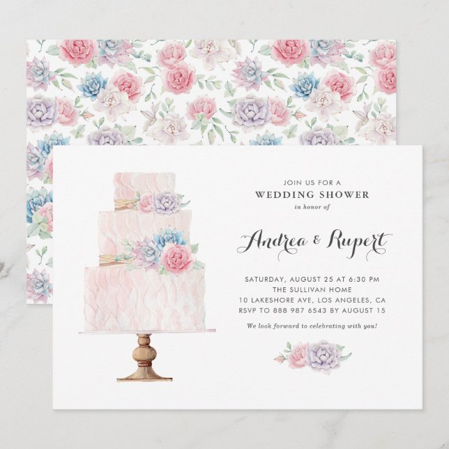 Blush Pink Tiered Cake Succulents Wedding Shower Invitation (Front/Back)