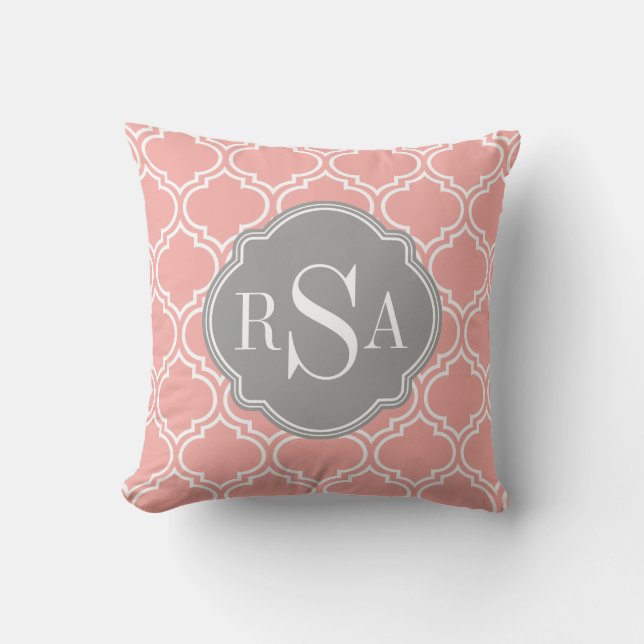 Blush Pink Tile Lattice Pattern Grey Monogram Throw Pillow (Front)