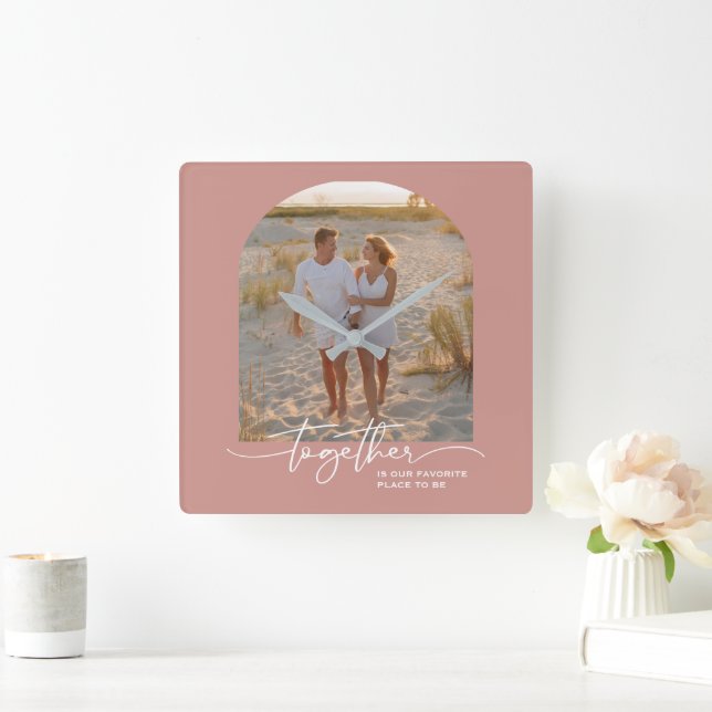 Blush Pink Together Typography Couple Valentine Square Wall Clock (Home)