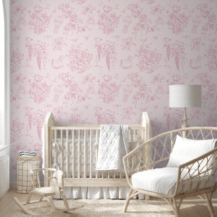 Blush Pink Toile Floral Teddy Bear Elegant Classic Wallpaper