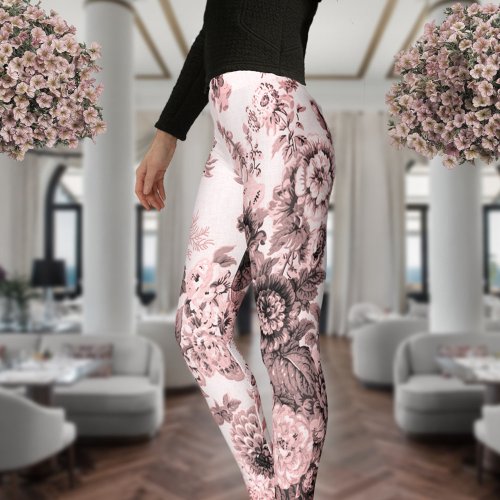 Blush Pink Tone Vintage Floral Large Pattern Leggings