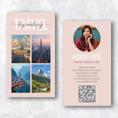 Blush Pink Travel Agent Consultant Photo Qr Code Business Card
