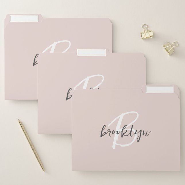 Blush Pink Trendy Gray Script Monogram Name File Folder (Set)