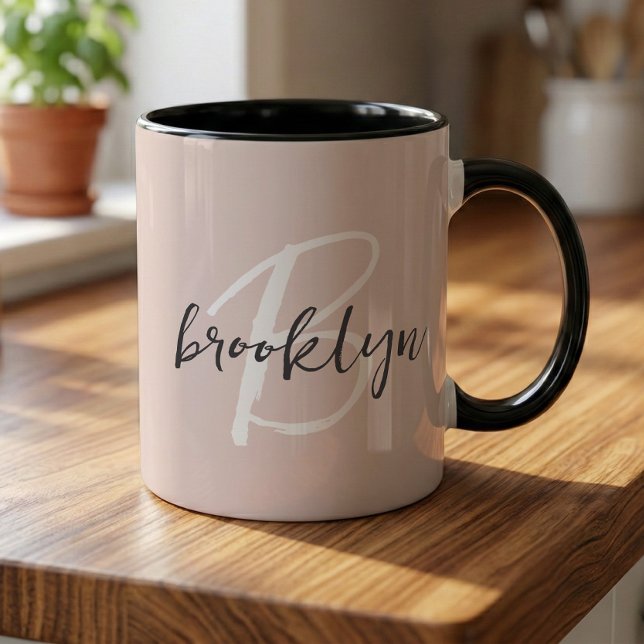 Blush Pink Trendy Gray Script Monogram Name Mug (Creator Uploaded)