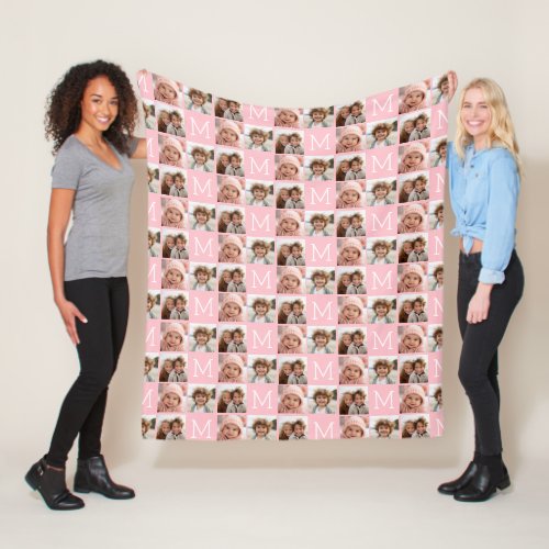 Blush Pink Trendy Photo Collage with Monogram Fleece Blanket