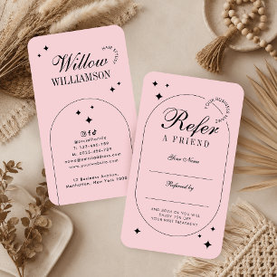 Blush Pink Trendy Vintage Script Beauty Salon Spa Referral Card