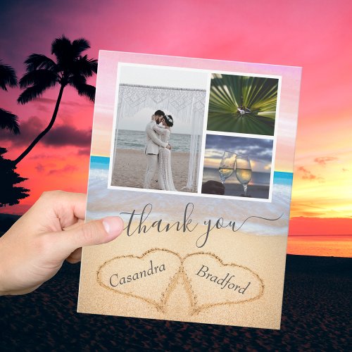 Blush Pink  Tropical Beach Hearts in Sand Wedding Thank You Card