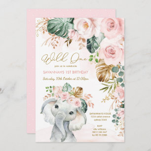Blush Pink Tropical Floral Elephant 1st Birthday Invitation