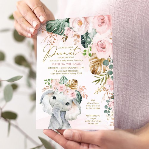 Blush Pink Tropical Greenery Elephant Baby Girl Invitation
