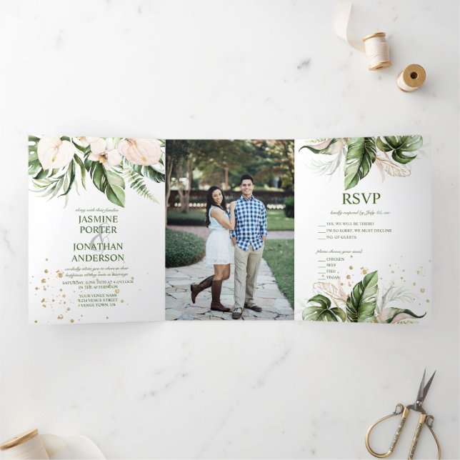Blush Pink Tropical Greenery Photo Wedding  Tri-Fold Invitation (Inside)