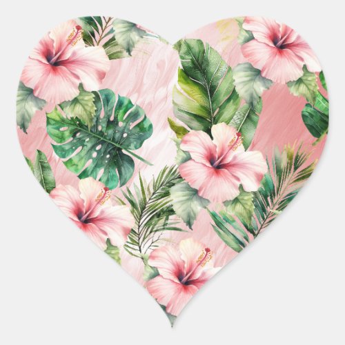 Blush Pink Tropical Leaves Hibiscus Flowers Heart Sticker