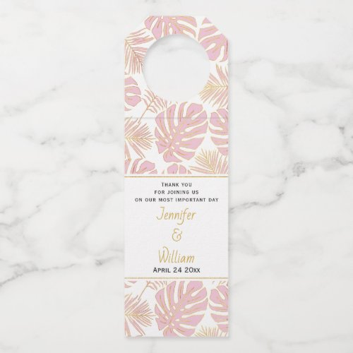 Blush pink tropical leaves polka dots wedding bottle hanger tag