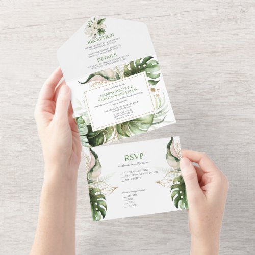 Blush Pink Tropical Lilies Greenery All In One Invitation