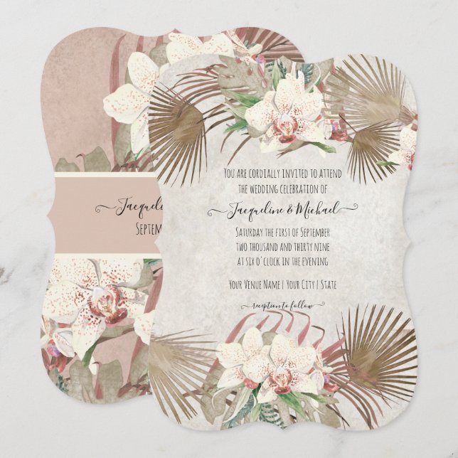 Blush Pink Tropical Orchid Floral Palm Foliage Invitation (Front/Back)