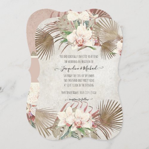 Blush Pink Tropical Orchid Floral Palm Foliage Invitation