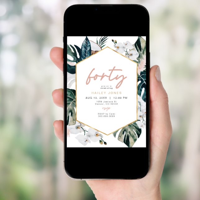 Blush Pink Tropical Palm Pampas 40th Birthday Invitation (Front Digital)