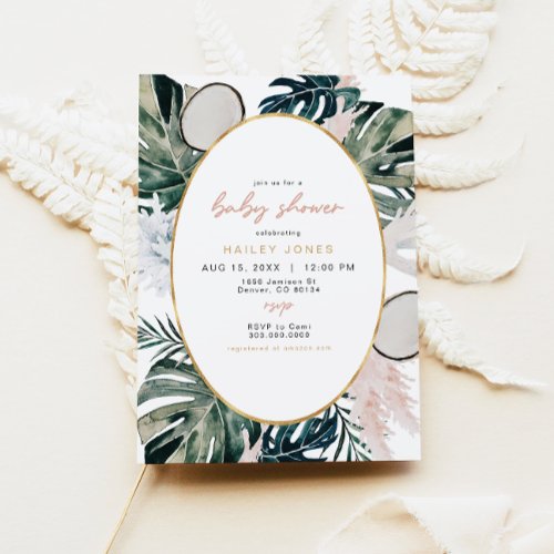 Blush Pink Tropical Palm Pampas Baby Shower Invitation