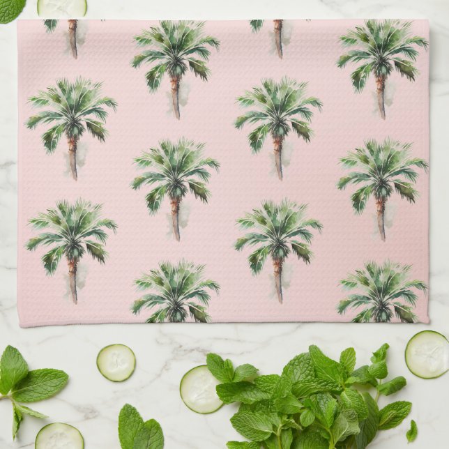 Blush Pink Tropical Palm Tree  Kitchen Towel (Folded)